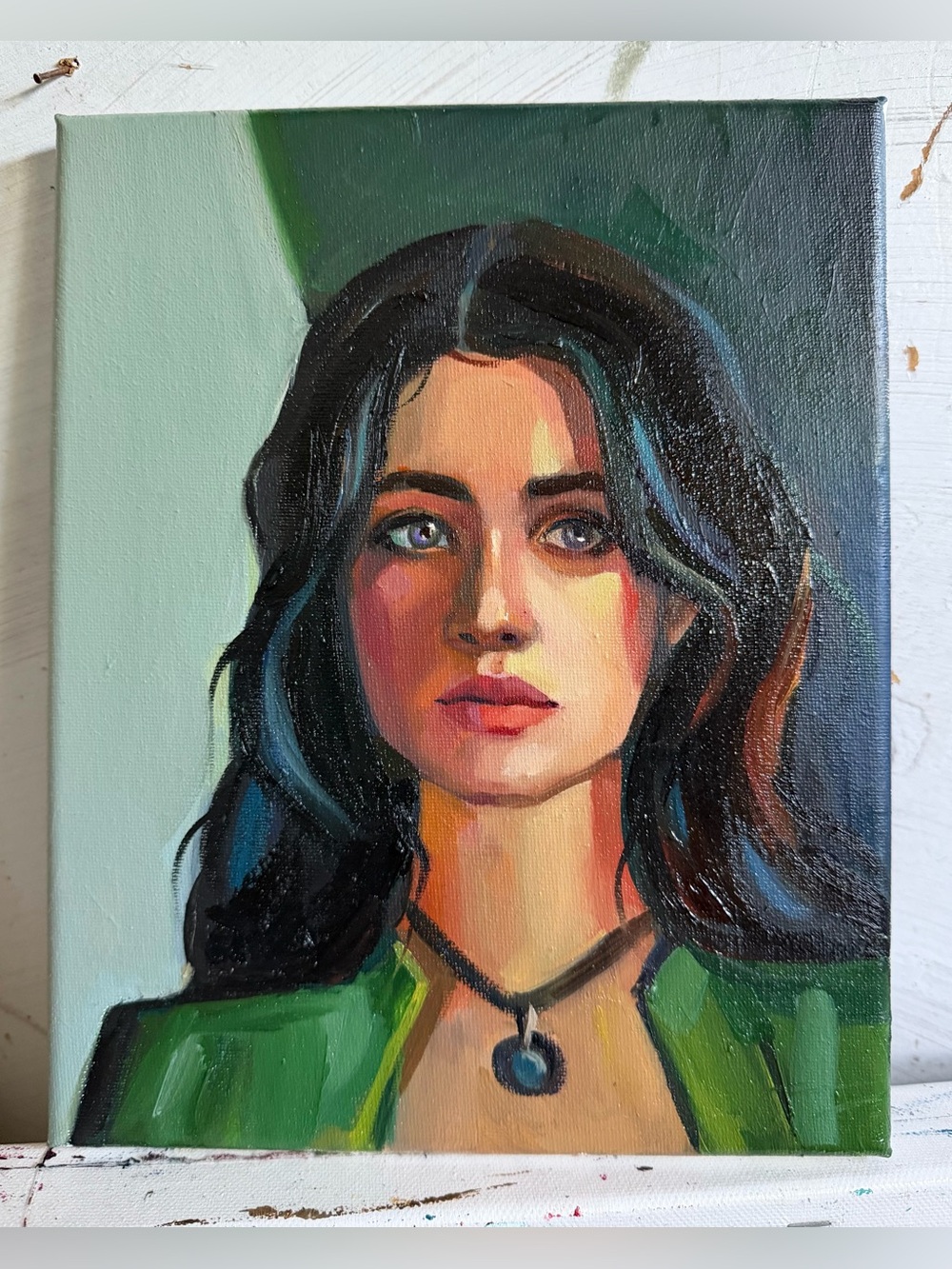 Original Oil Portrait Painting “Emerald Silence”, 10х8